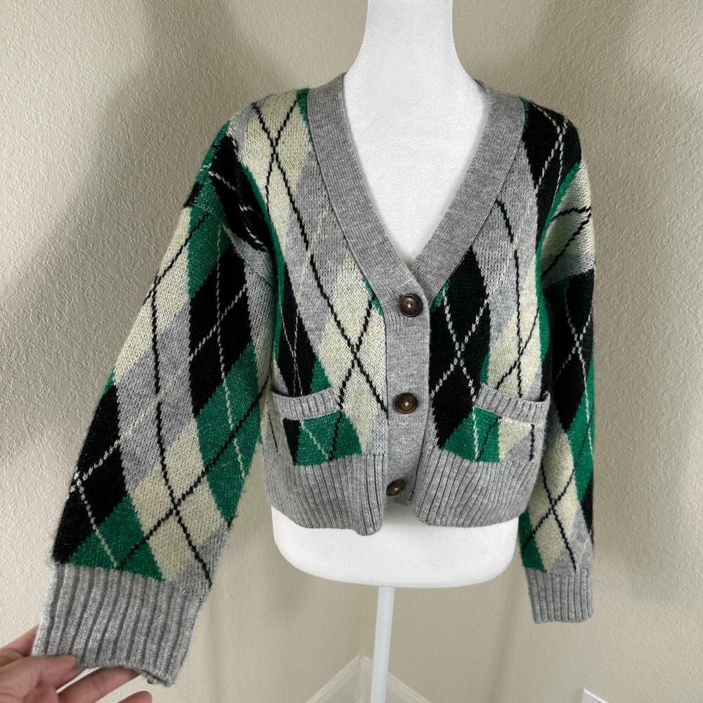 Design History Cardigan Sweater Womens‎ S Green Argyle Preppy Dark Academia